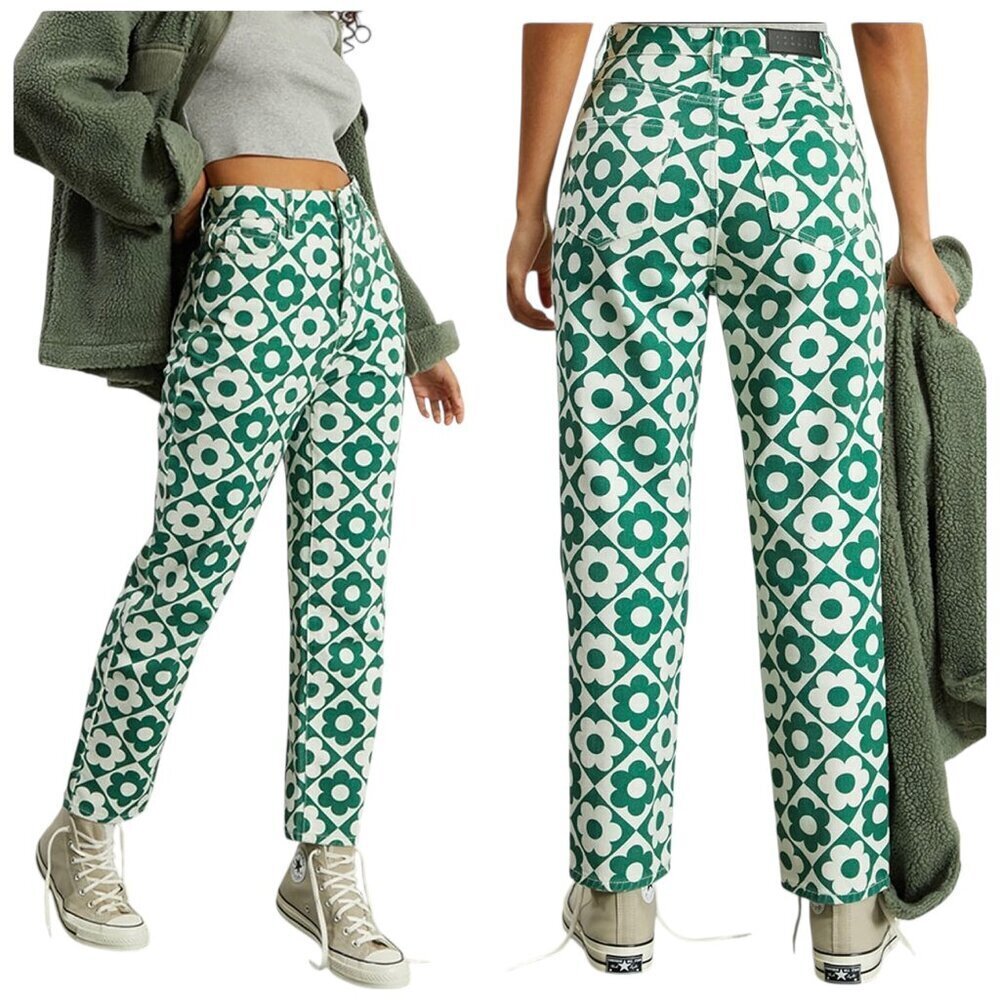 PacSun Green White Daisy High Rise Straight Leg Jeans Size 23